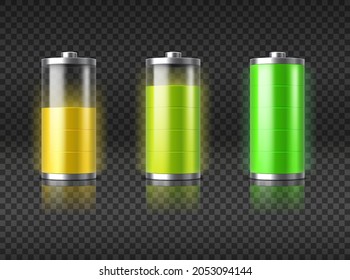 Battery Charging Status From Haft Charge Level To Full With Yellow And Green Glowing Light Indicator. Power Energy Symbol Set Isolated On Transparent Black Background. Realistic Vector Illustration