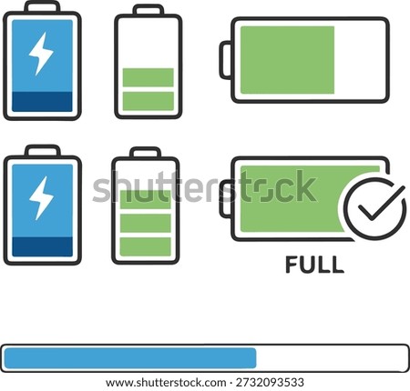 Battery charging status icons vector set. A collection of vertical and horizontal indicators showing various energy levels, including charging with lightning bolts, fully charged with a checkmark, and a blue progress bar.