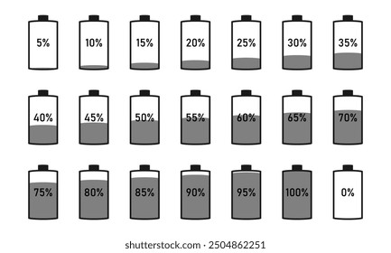 battery charging status indicator from 0 to 100 percent. vector illustration isolated on white background.
