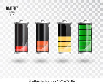 Battery charging. Battery charging status indicator. Glass realistic power battery illustration on transparent background. Full charge total discharge. Charge status. Vector