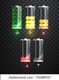 Battery charging. Battery charging status indicator. Glass realistic power battery illustration on transparent background. Full charge / total discharge. Charge status. Vector. 