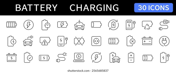 Battery and Charging thin line icons set. Vector