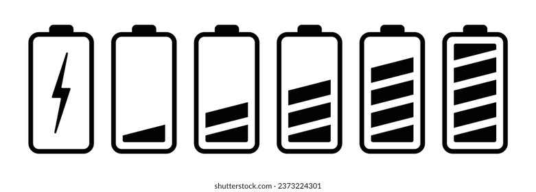 el tiempo de carga de la batería se desliza en el símbolo vectorial de estilo inclinado en blanco y negro. Carga de la batería, indicador de carga. Carga telefónica carga simple vectorial batería icono de alimentación carga completa. Ilustración vectorial.