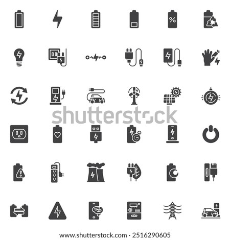 Battery charging vector icons set, modern solid symbol collection, filled style pictogram pack. Signs, logo illustration. Set includes icons as electricity, power station, wireless charger, energy