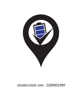 Battery check map pin shape concept vector logo design template.