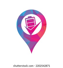 Battery check map pin shape concept vector logo design template.