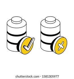 Battery checkmark cross. Vector line, 3d stroke isometric, color web icon, new flat style. Creative illustration design, abstract idea for infographics.