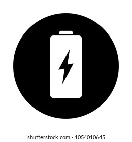 Battery circle icon. Black, round, minimalist icon isolated on white background. Battery simple silhouette. Web site page and mobile app design vector element.