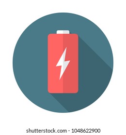 Battery circle icon with long shadow. Flat design style. Battery simple silhouette. Modern, minimalist, round icon in stylish colors. Web site page and mobile app design vector element.