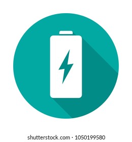 Battery circle icon with long shadow. Flat design style. Battery simple silhouette. Modern, minimalist, round icon in stylish colors. Web site page and mobile app design vector element.