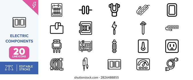Battery, circuit breaker, wall socket, multimeter, fuse, switch, transformer, drill, screwdriver, wire, cable, plug, power strip, generator, and and fuse box for electrical engineering and technical design projects.