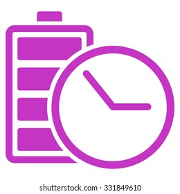 Battery Clock vector icon. Style is flat symbol, violet color, rounded angles, white background.