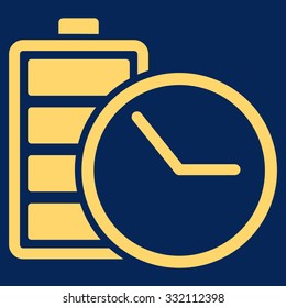 Battery Clock vector icon. Style is flat symbol, yellow color, rounded angles, blue background.
