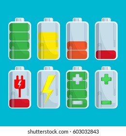 Battery collection with steps of charge isolated on blue. Vector colorful cute poster in flat design of elements with red, orange, yellow, green wide lines and marks showing the degree of charging
