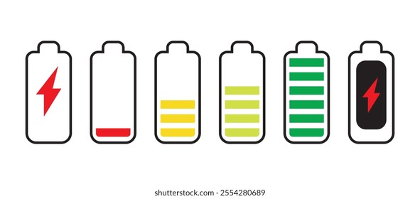 Battery colorful icons. Battery charge level indicators. Charging energy icons. hone Battery life icon.