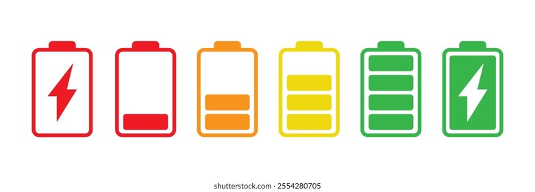 Battery colorful icons. Battery charge level indicators. Charging energy icons. hone Battery life icon.