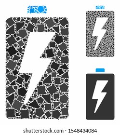 Battery composition of trembly pieces in different sizes and color tints, based on battery icon. Vector rough elements are combined into composition. Battery icons collage with dotted pattern.
