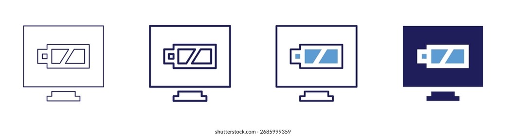 Ícone do computador da bateria em 4 estilos diferentes. Linha Fina, Linha, Linha Negrito, Duotônico. Estilo duotônico. Traçado editável.