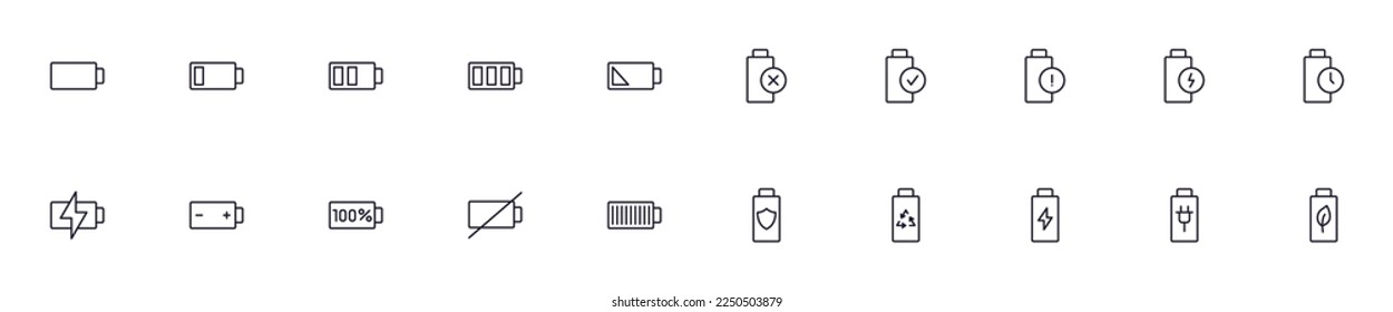 Concepto de batería. Colección de iconos modernos de línea de batería de alta calidad. Trazo editable. Símbolo lineal premium para sitios web, volantes, banners, tiendas online y empresas. 
