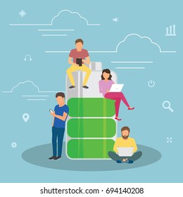 Battery concept vector illustration of young people using smartphones and tablets with good battery level. Flat people standing and sitting near big green battery symbol.
