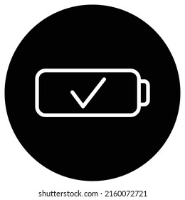 Akku, Bestätigen Sie einfache Symbolvektorgrafik. Flaches Design. Weißes Symbol auf schwarzem Kreis. Weißer Hintergrund.ai