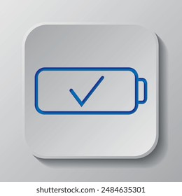 Battery, confirm simple icon vector. Flat design. Paper cut design. Cutted blue symbol with shadow. Gray badge button, gray background.ai