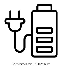 Battery and cord with plug line icon, electric car concept, charge symbol on white background, battery and electric plug icon in outline for mobile web design. Vector graphics.
