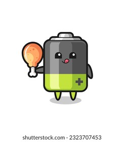 battery cute mascot is eating a fried chicken , cute style design for t shirt, sticker, logo element