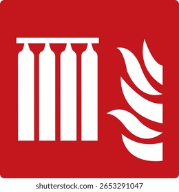 Battery of cylinders for a stationary fire extinguishing system. Red danger sign. Fire equipment sign. Designation of locations of fire extinguishers, water barrels and fire hydrants.