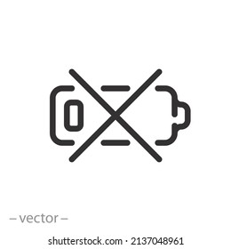 battery damage icon, charging prohibited, cross for accumulator, thin line symbol on white background - editable stroke vector illustration