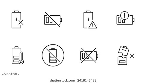 battery damage icon, charging prohibited, cross sign for accumulator, warning on battery, thin line symbols isolated on white background, editable stroke eps 10 vector illustration