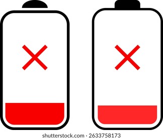 Battery dead icon set. empty battery sign. charge indicator icons. Battery indicator symbols. Battery with cross mark.