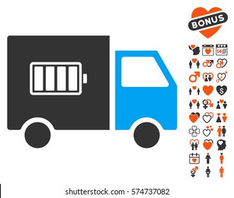 Battery Delivery Truck icon with bonus dating images. Vector illustration style is flat iconic symbols for web design, app user interfaces.