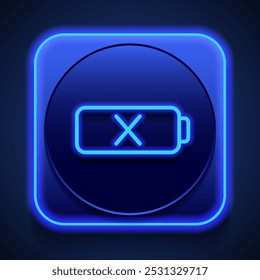 Battery, deny simple icon vector. Flat design. Blue neon style on button. With shadow.ai