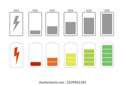 Batterie mit unterschiedlicher Ladung. Batterieanzeige, Batterieladeanzeige. Drahtloses Ladeenergiezeichen. Vektorgrafik
