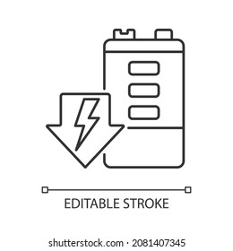 Icono lineal de descarga de batería. Autoalta. Drenaje de energía. Deterioro de la durabilidad. Ilustración personalizable de línea delgada. Símbolo de contorno. Dibujo de contorno aislado del vector. Trazo editable