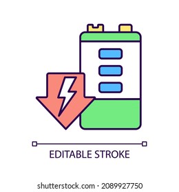 Batería descargando el icono de color RGB. Autoalta. La tensión y la disminución de la energía. Drenaje de energía del acumulador. Deterioro de la durabilidad. Ilustración vectorial aislada. Dibujo de línea rellena simple