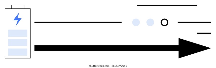 Battery displaying charge levels with an arrow symbolizing power flow. Ideal for energy, power management, battery life, electronics, sustainability, technology, and renewable energy concepts. Line