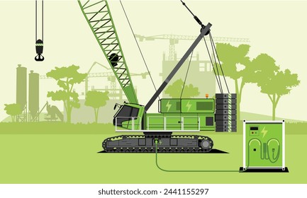 Battery electric 200 ton Crawler Crane charging at construction site electric power pack. Flat vector illustration with green construction silhouette background. Electrification in construction.