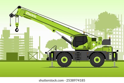 Battery electric 50 ton Rough Terrain Crane. Flat vector illustration with green construction site silhouette background. Electrification in construction.