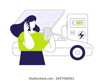 Battery electric car abstract concept vector illustration. Smiling woman charging electric car, hybrid vehicle, ecology environment, sustainable urban transport, gas station abstract metaphor.