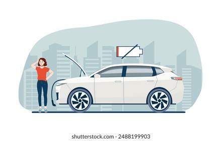 La batería del coche eléctrico está descargada y la mujer está pensando qué hacer. Ilustración vectorial.