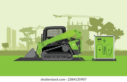 Battery electric compact track loader charging at construction site electric power pack. Flat vector illustration with green construction silhouette background. Electrification in construction.