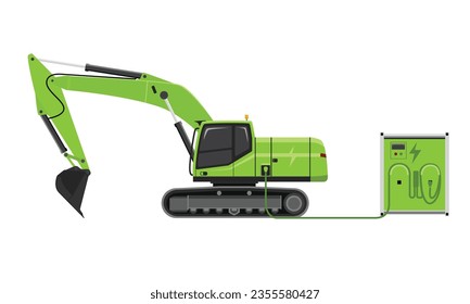 Battery electric heavy equipment excavator charging on construction site electric power pack. Flat vector illustration on isolated white background. Electrification in construction segments.