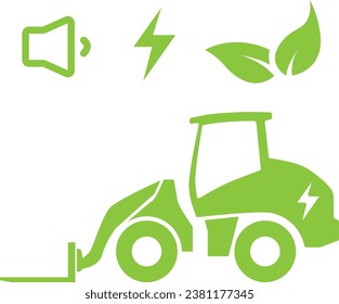 Battery electric heavy equipment loader benefit. Low noise, Low vibration and Eco friendly. Flat green silhouette vector illustration on isolated white background. Electrification in construction.