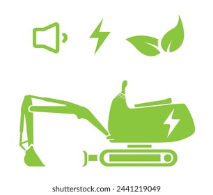Battery electric heavy equipment Micro Excavator benefit. Low noise, Low vibration and Eco friendly. Flat green silhouette vector illustration on isolated white background.