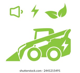 Battery electric heavy equipment Skid Steer Loader benefit. Low noise, Low vibration and Eco friendly. Flat green silhouette vector illustration on isolated white background.