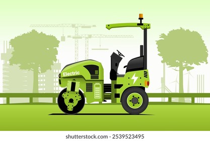 Battery electric heavy equipment Small Combination Roller at construction site. Flat vector illustration with green construction silhouette background. Electrification in construction.