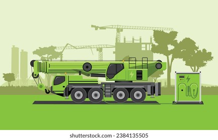 Carga eléctrica de grúas pesadas con batería en el módulo de energía eléctrica del sitio de construcción. Ilustración vectorial plana con fondo de silueta de construcción verde. Electrificación en construcción.