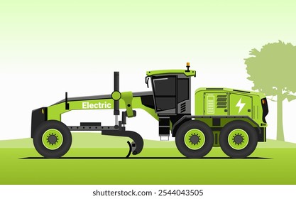 Bateria elétrica grande 35 ton de mineração Motor Grader. Ilustração de vetor plano com fundo de silhueta de pedreira verde. Eletrificação em mineração.